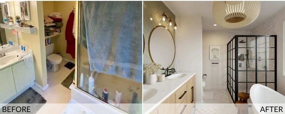 Before and after modern farmhouse style bathroom