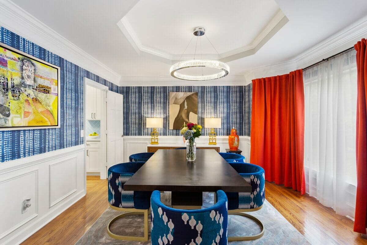 Jewel tone colors in a dining room by Decorilla designer Sierra G
