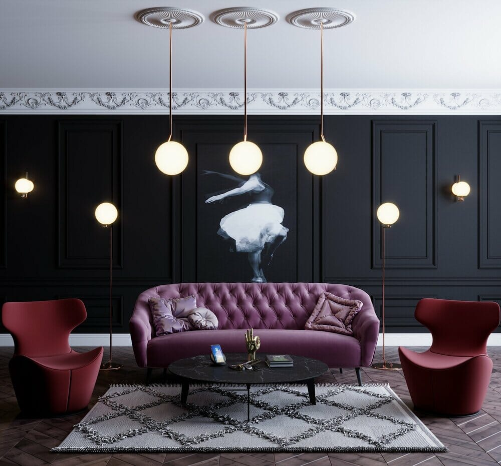 Jewel tone purple furniture in a room by Decorilla designer Lachin G