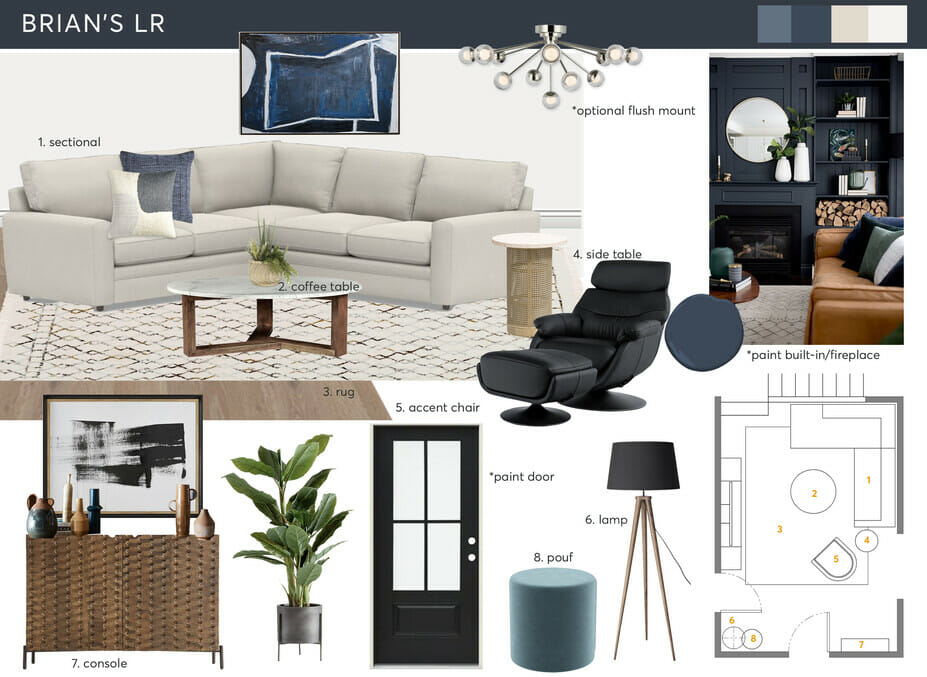 Moodboard with transitional house decor for a living room