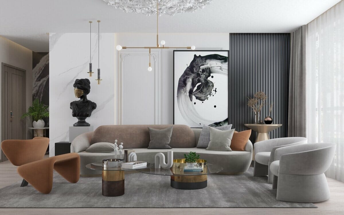Cocooning furniture in a simple modern living room by Decorilla designer Nourhan M