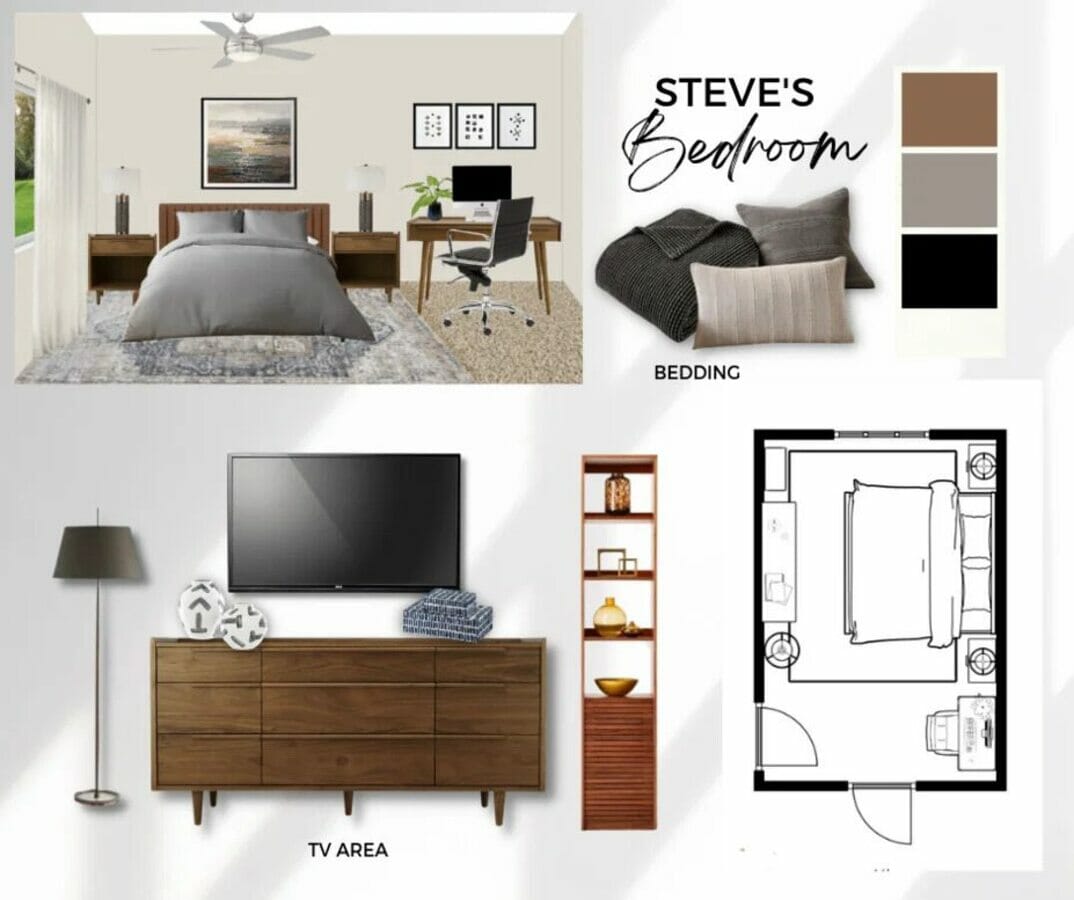 Contemporary masculine bedroom decor moodboard by Decorilla