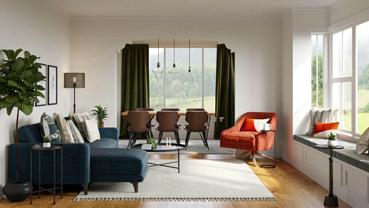 Open concept living and dining room by online interior designer - Jessica Duarte