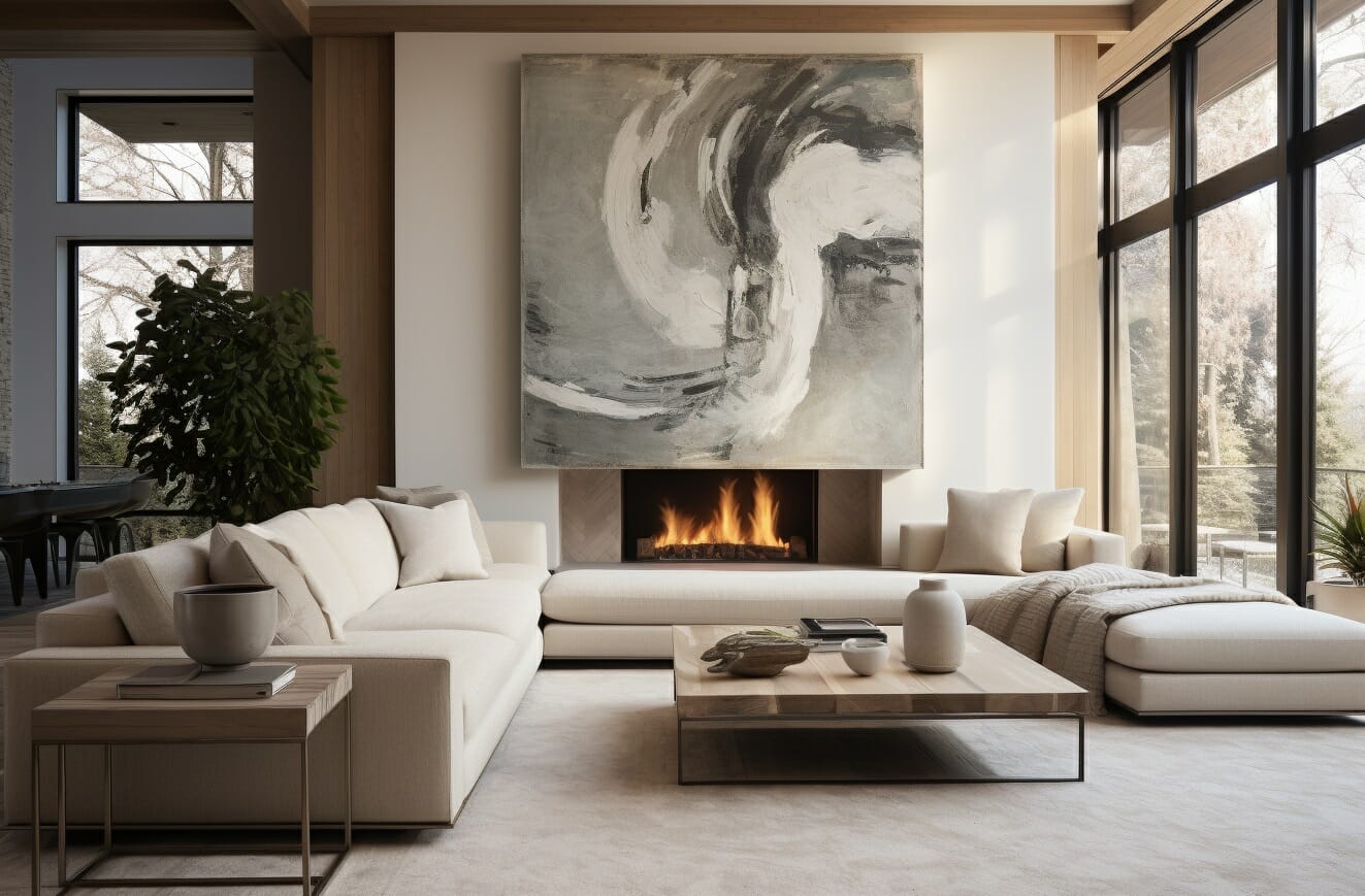 Sectional in a living room ideas with a fireplace