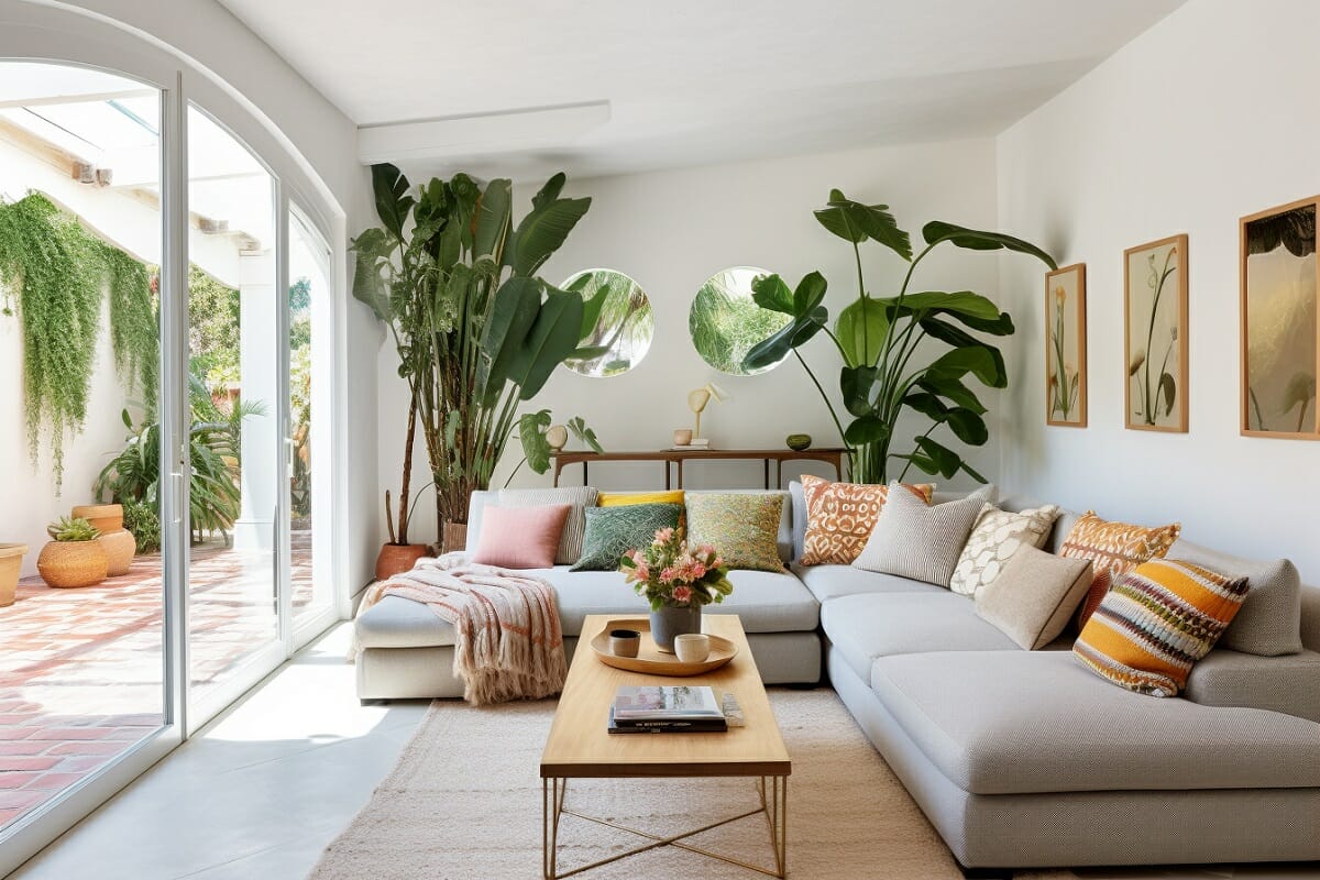 Sectional in a small living room with colorful pillows