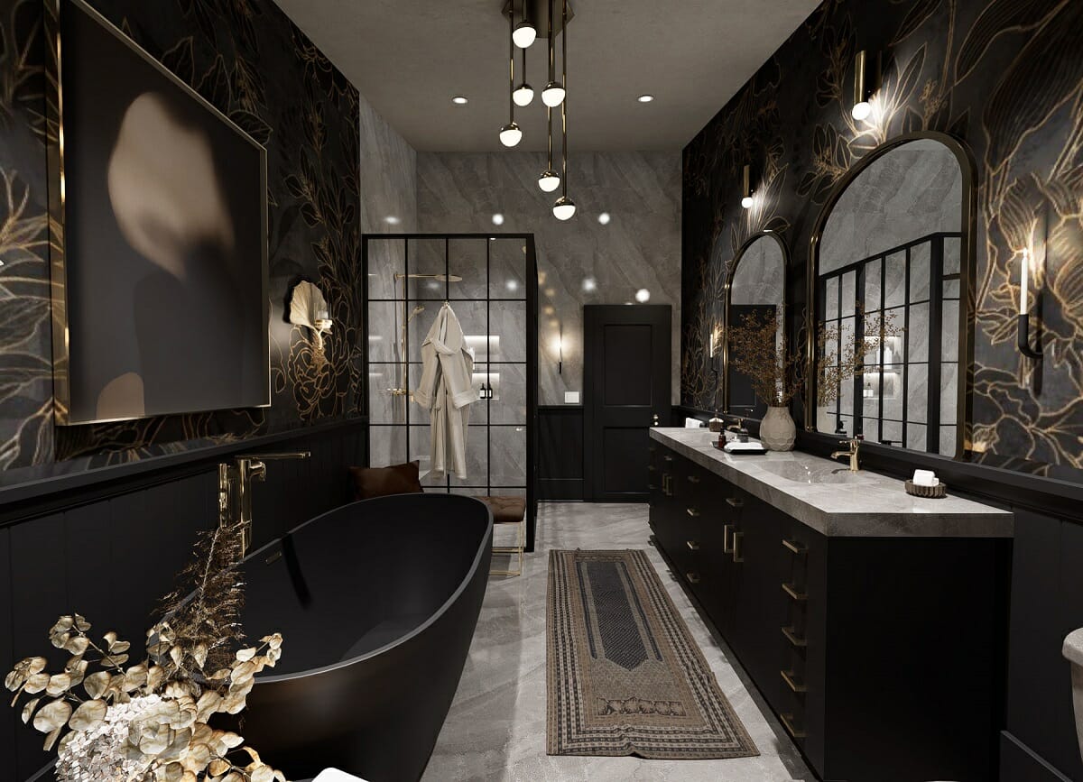 2023 bathroom trends and ideas in metallic and black by Lauren O