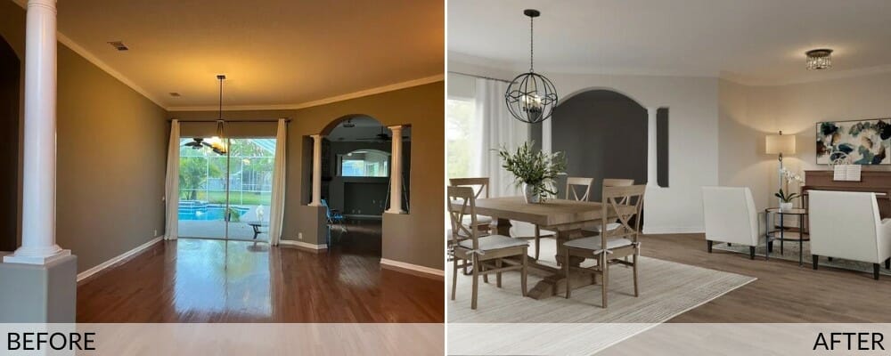 Before and after a transitional living room makeover