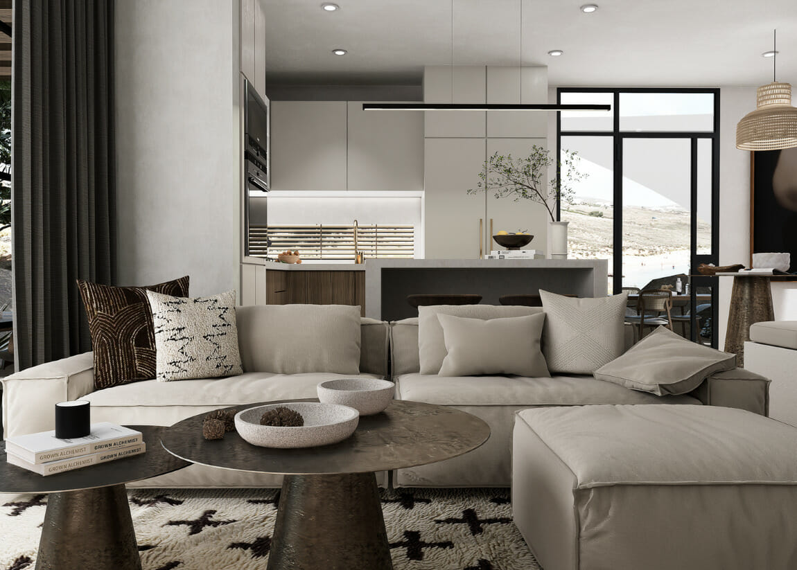 Elegant living room design ideas with modular seating by Decorilla designer Lauren O