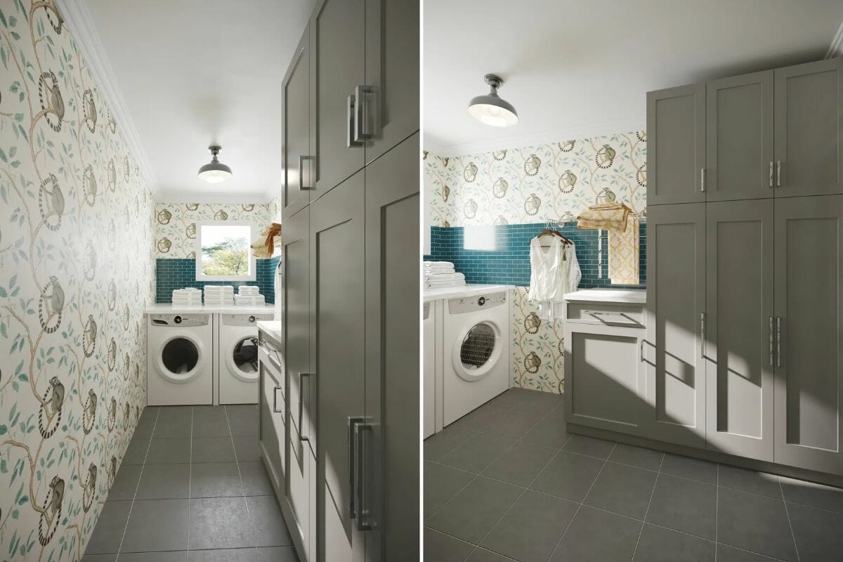 Mudroom with washer and dryer,layout by Decorilla