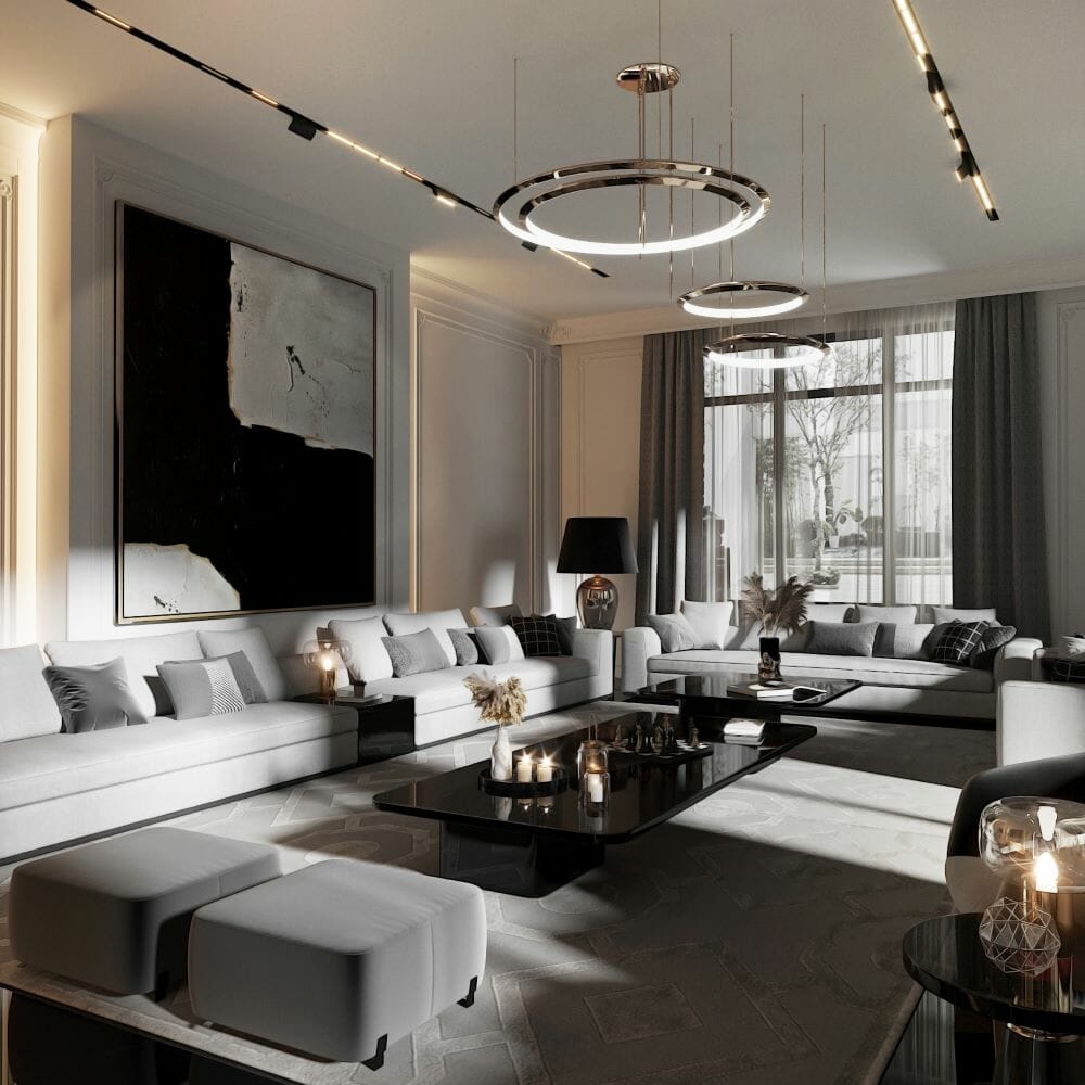 Strategically positioned track lighting in a living room interior design by Decorilla designer Nathalie I.