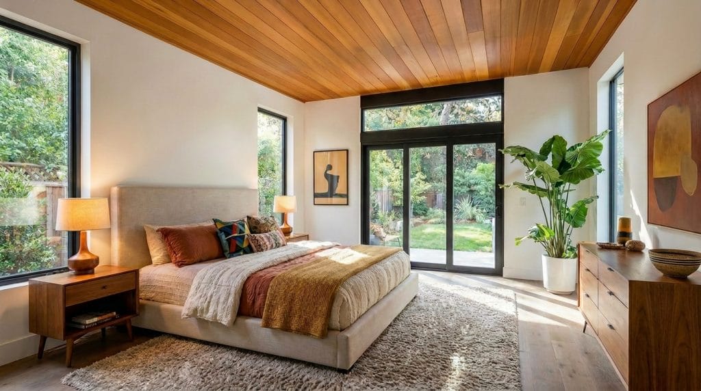 Warm earthy bedroom with Boho Japandi decorative elements, by Decorilla