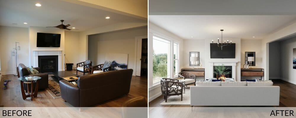Before and after a transitional living room design