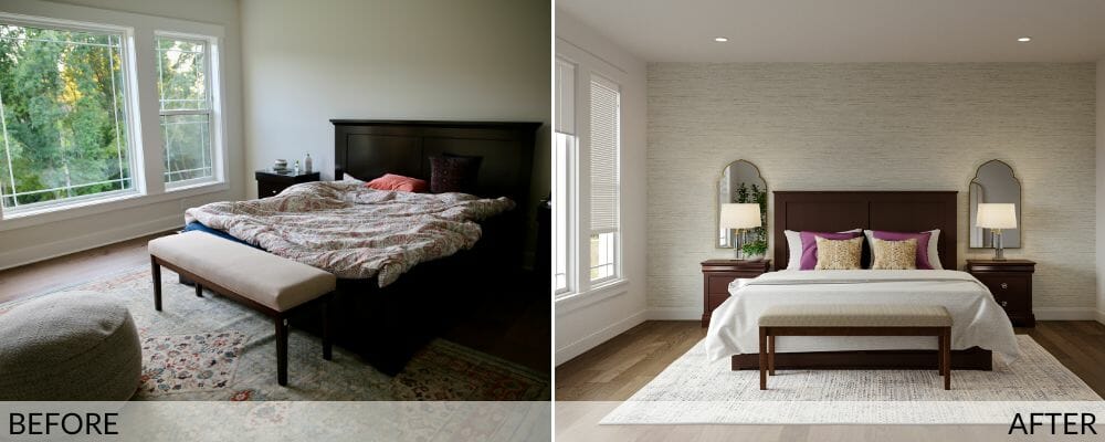 Before and after a transitional style bedroom makeover