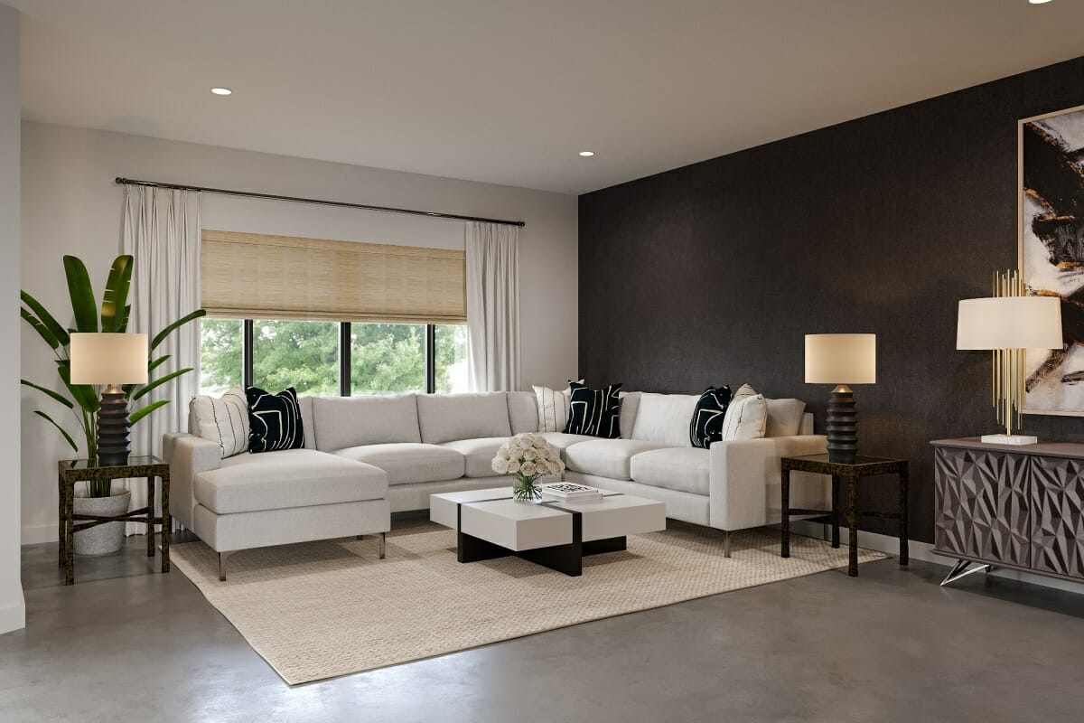 Chic white and black living room design by Casey H - Decorilla vs roomLift