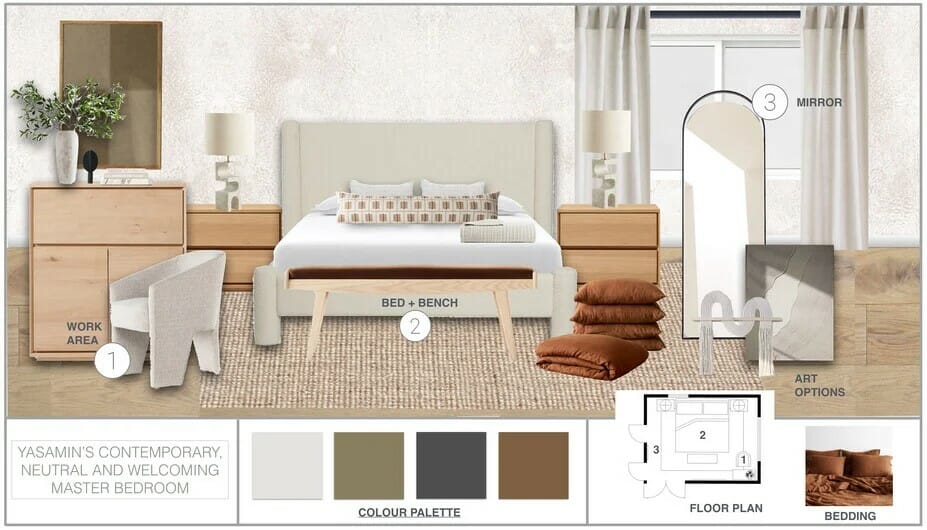 Japandi bedroom design moodboard