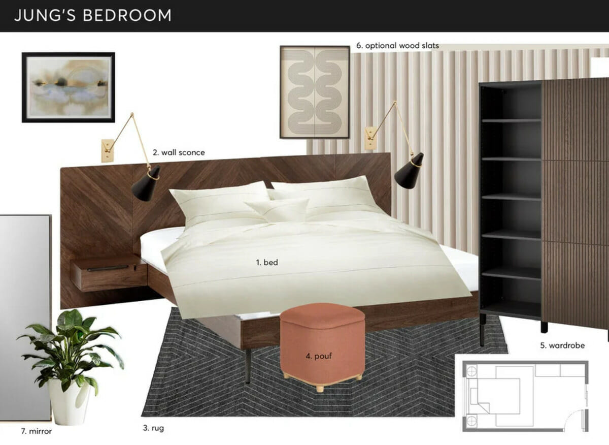 Minimalist bedroom decor moodboard by Decorilla