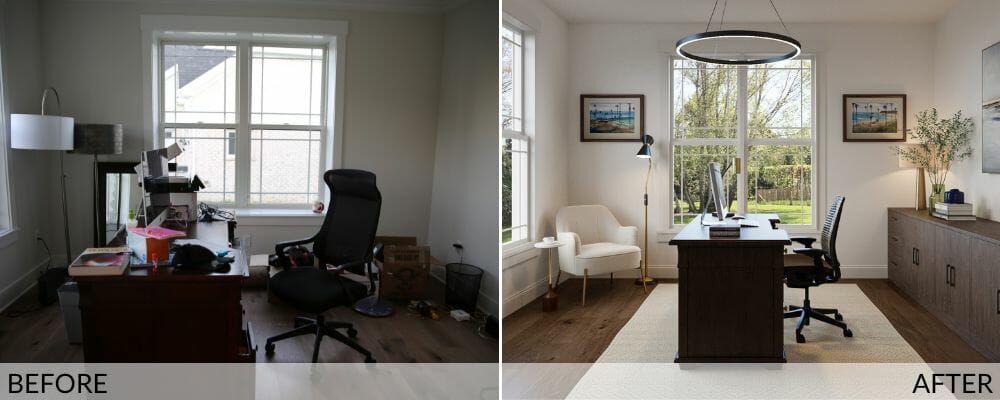 Transitional home office interior design before and after