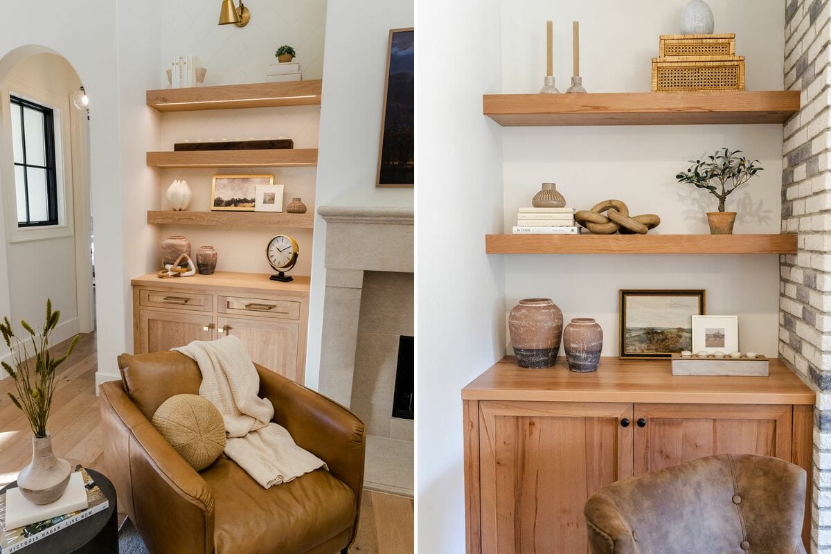 Living room built-in ideas with semi-floating shelves by Decorilla designer Sharene M