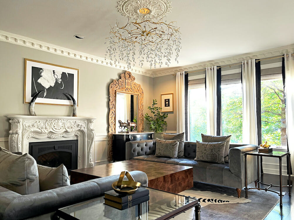 Luxury Living room ideas with statement antique mirrors by Decorilla designer Casey H