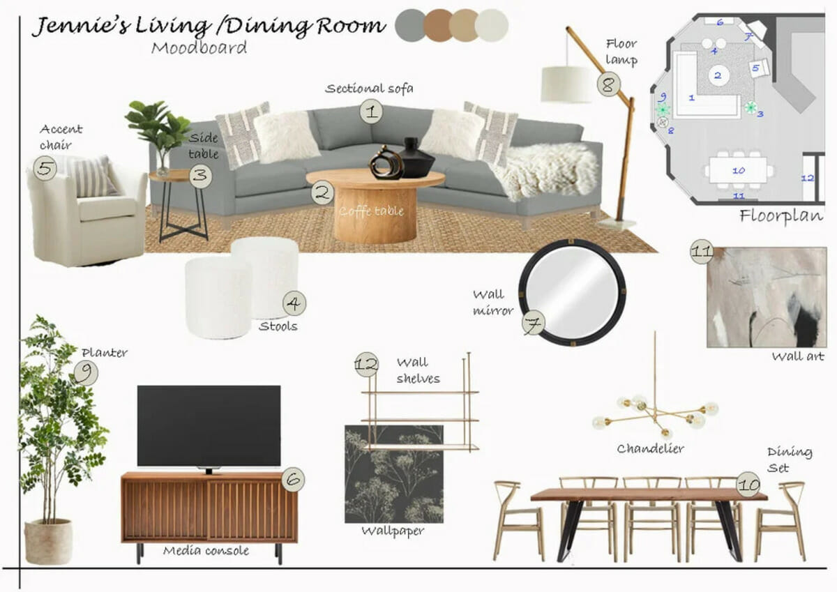 Rustic modern living & dining moodboard by Decorilla