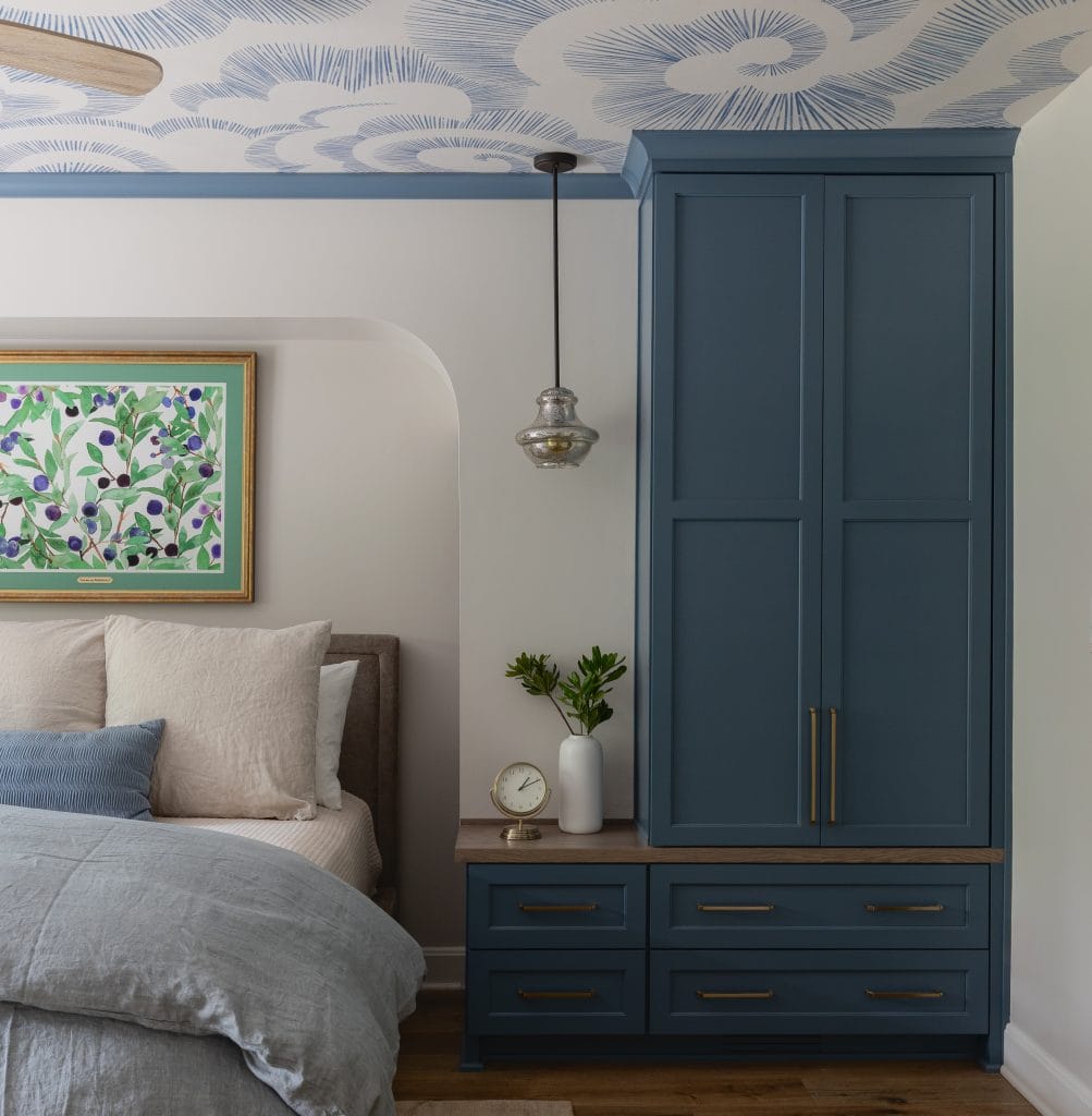 Transitional bedroom interior design ideas with a statement ceiling by Decorilla designer, Katrina M.