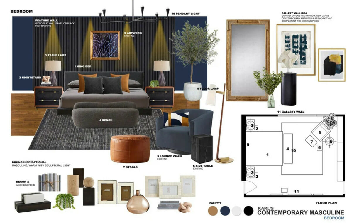 Upscale men's bedroom design moodboard by Decorilla