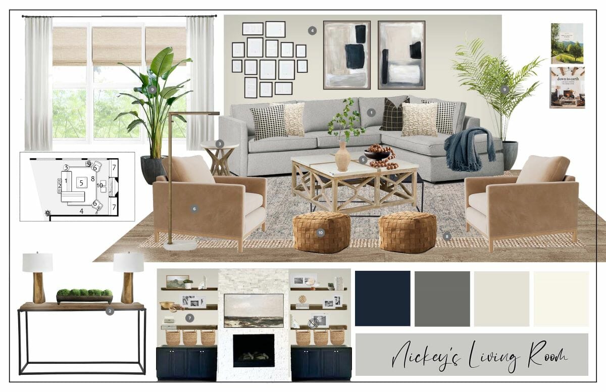 Beachy boho living room design moodboard by Decorilla