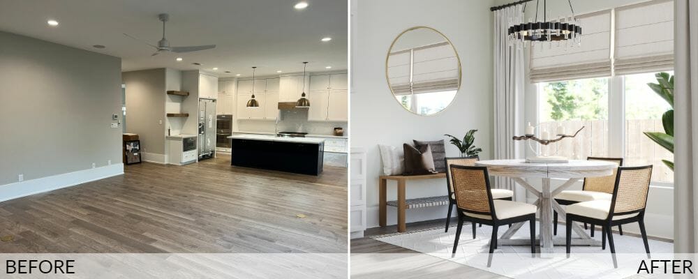 Beachy house interior before (left) and after (right) design by Decorilla