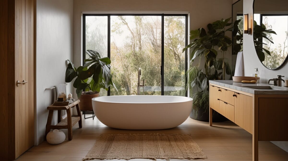 Calm and relaxing master bathroom addition with plants and an organic feel