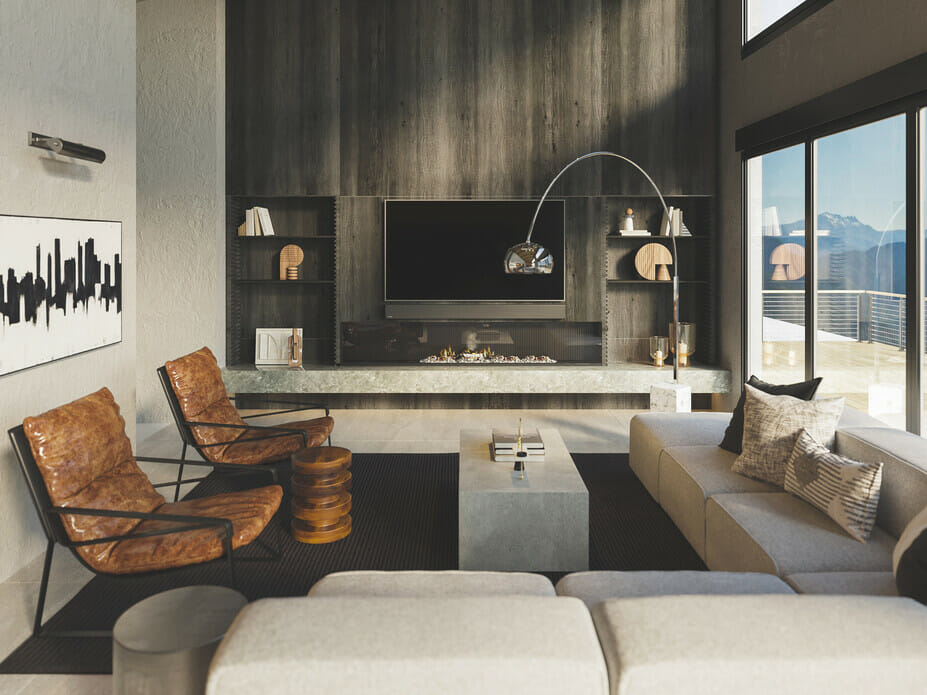 Contemporary masculine living room with fireplace built-ins by Darya N