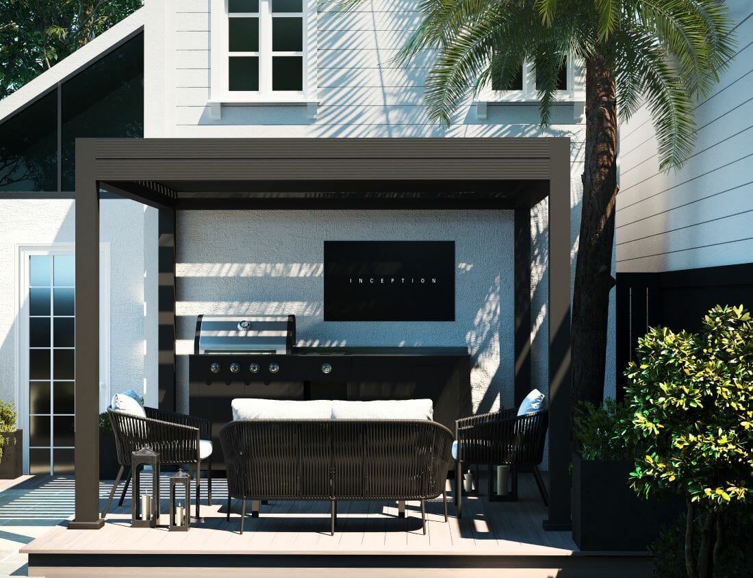 Contemporary patio decor and outdoor kitchen design by Decorilla