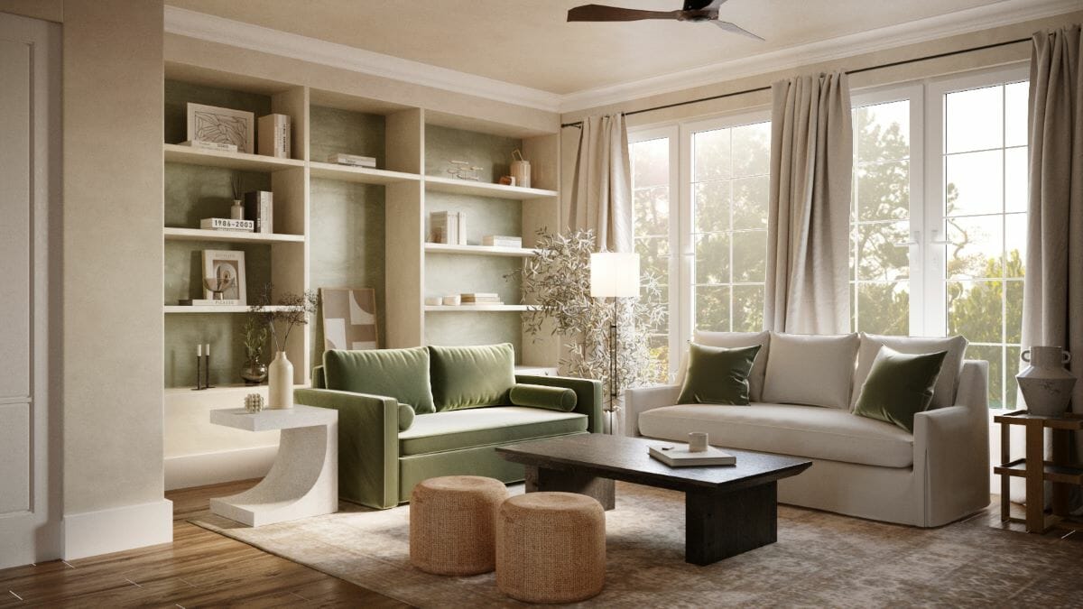 Earthy-hued furniture trends in a living room by Decorilla designer Anna Y.