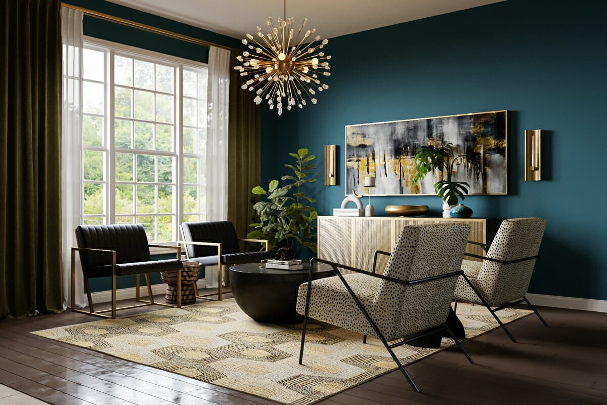 Eclectic living room with jewel tone blue colors by Marine H