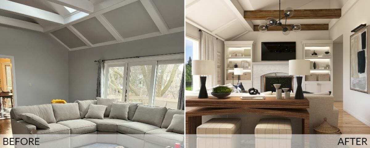 Farmhouse transitional living room before (left) and after (right) Decorilla's interior design solution