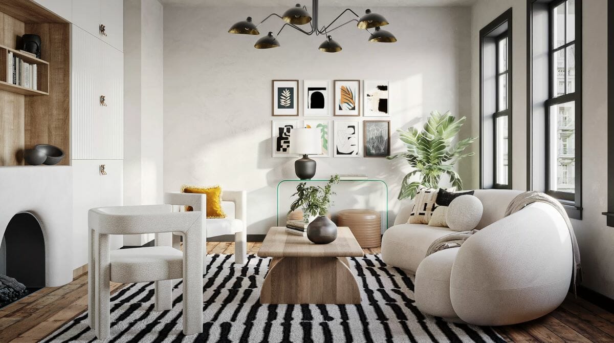 Geometric shapes and furniture trends in a living room by Decorilla designer Cayetana S.