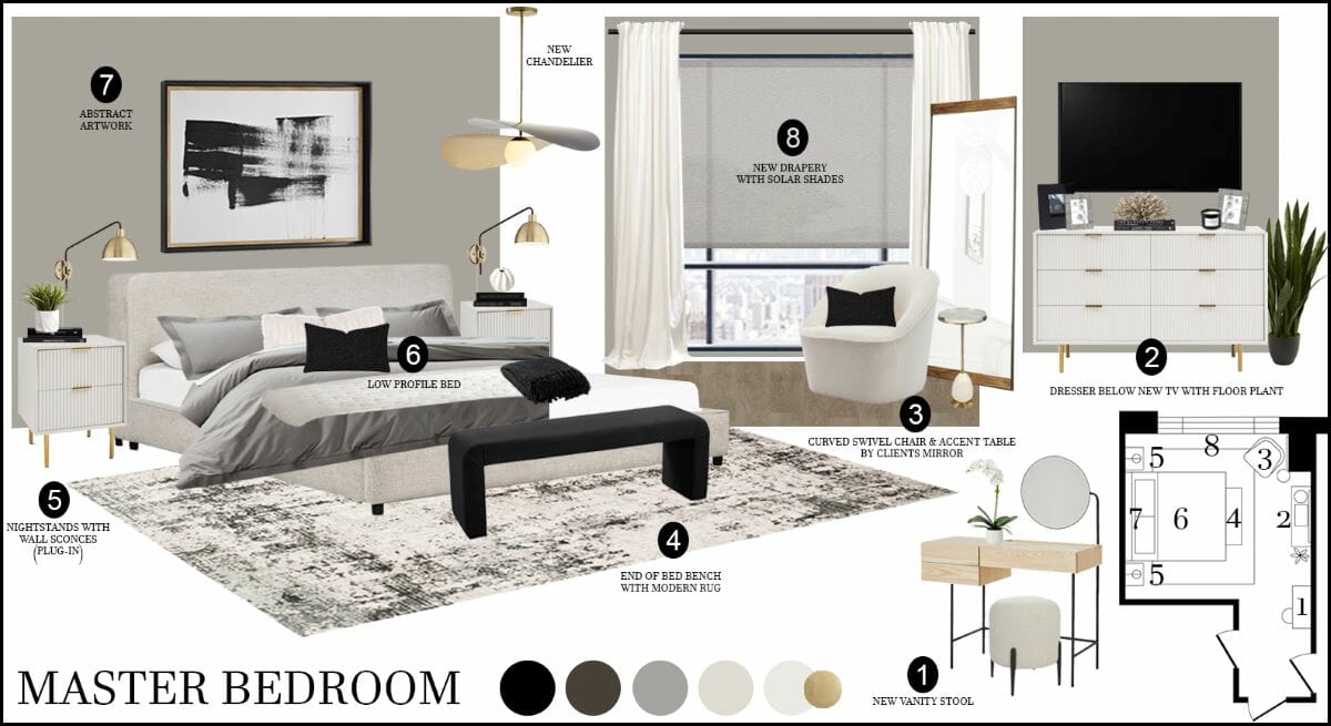 Master bedroom makeover before and after moodboard by Decorilla