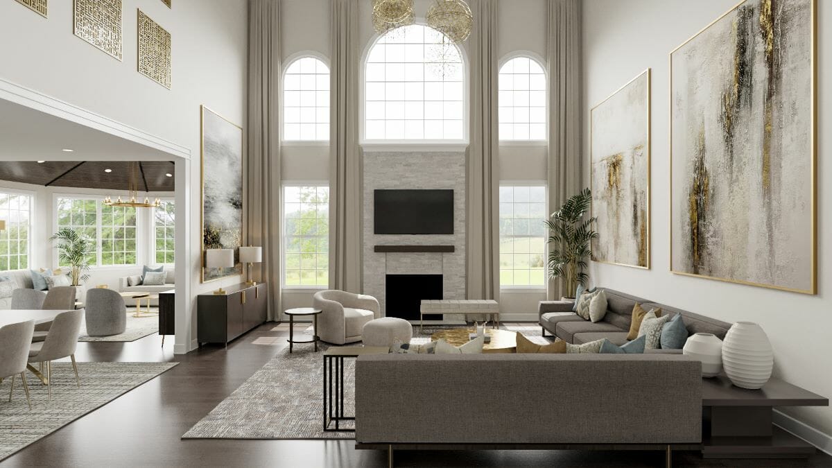 Open-concept living room design by Decorilla