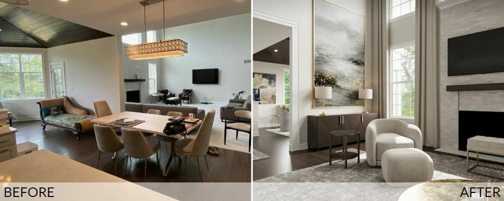 Open living room before (left) and after (right) Decorilla's interior design solution
