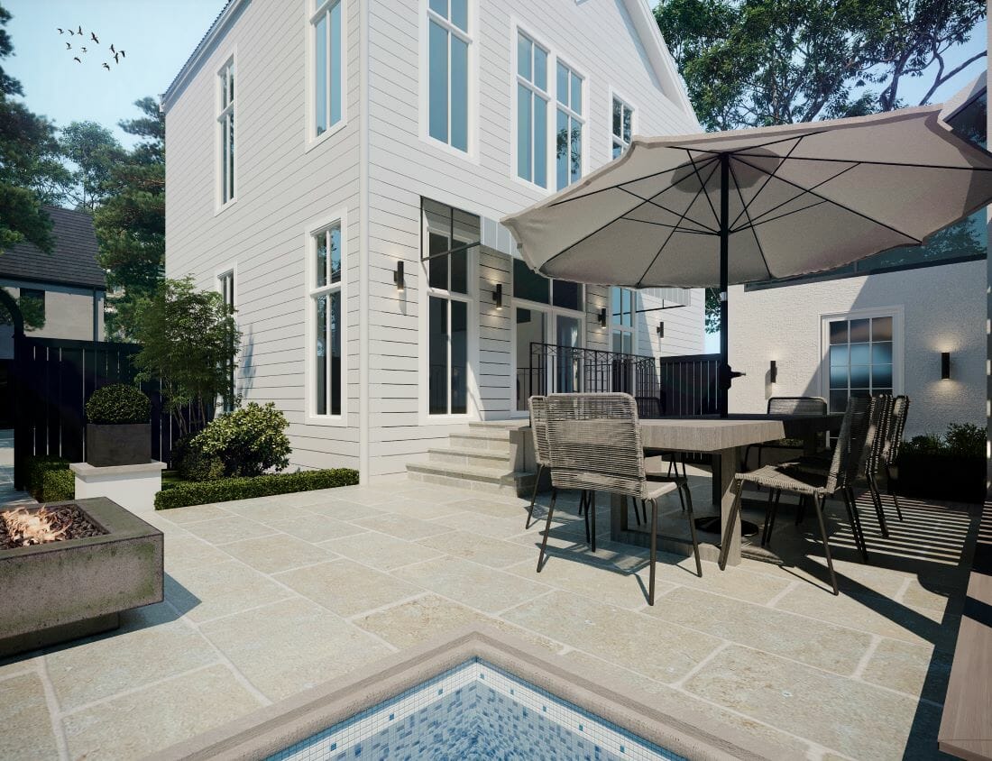 Plunge pool patio with a dining area designed by Decorilla