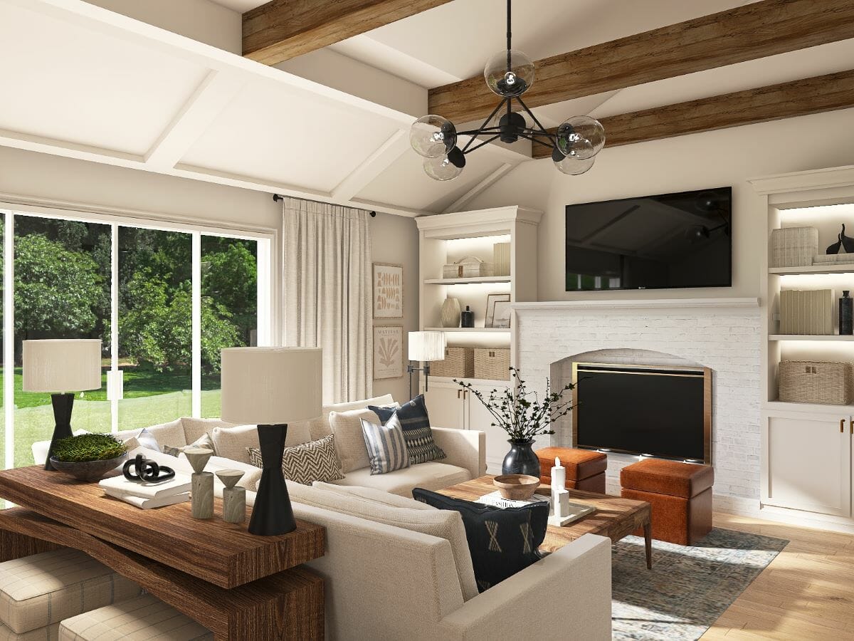 Transitional farmhouse interior design in a living room by Decorilla
