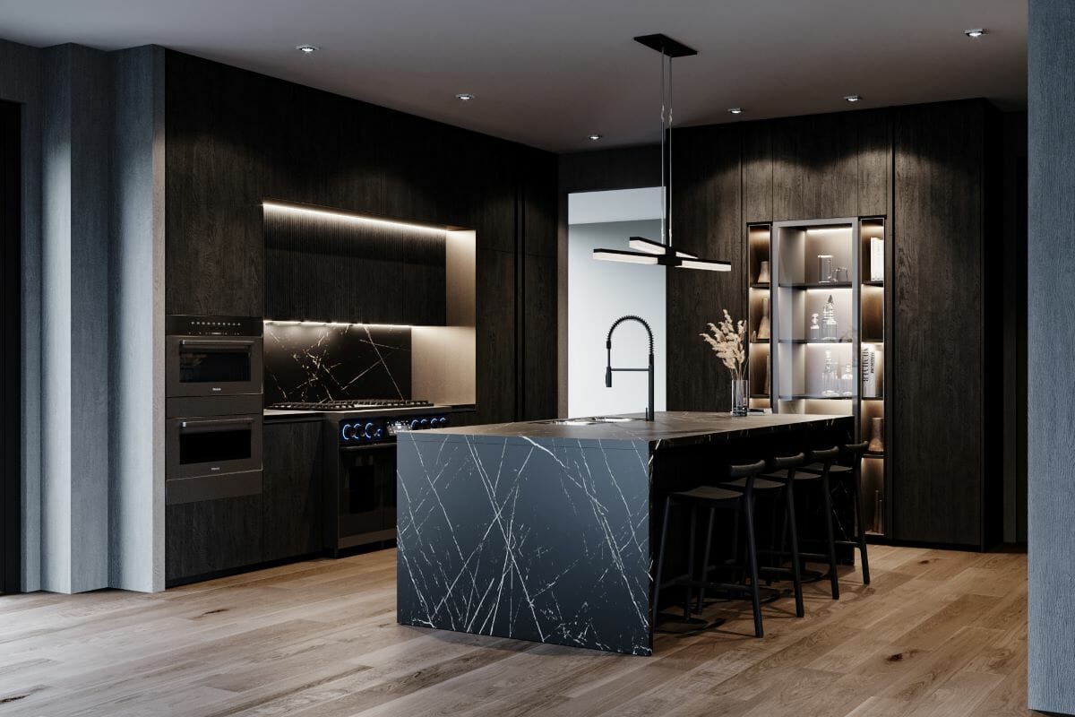 A stunning all-black kitchen design with black marble countertops by Decorilla