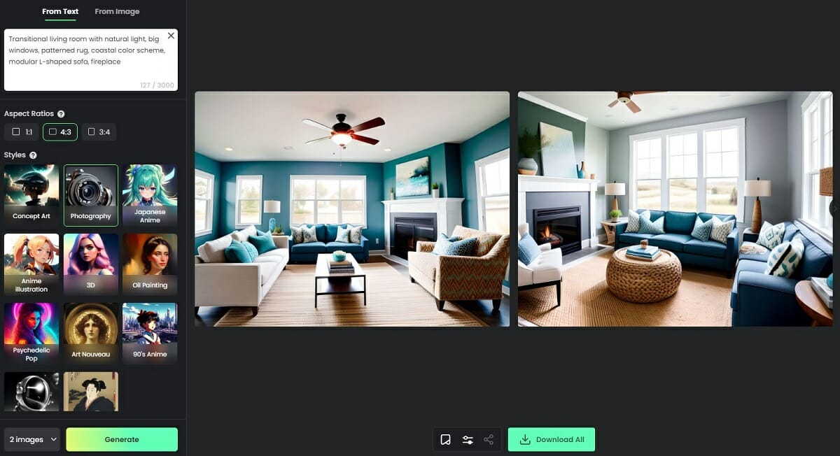 AI generated room design on the Fotor platform