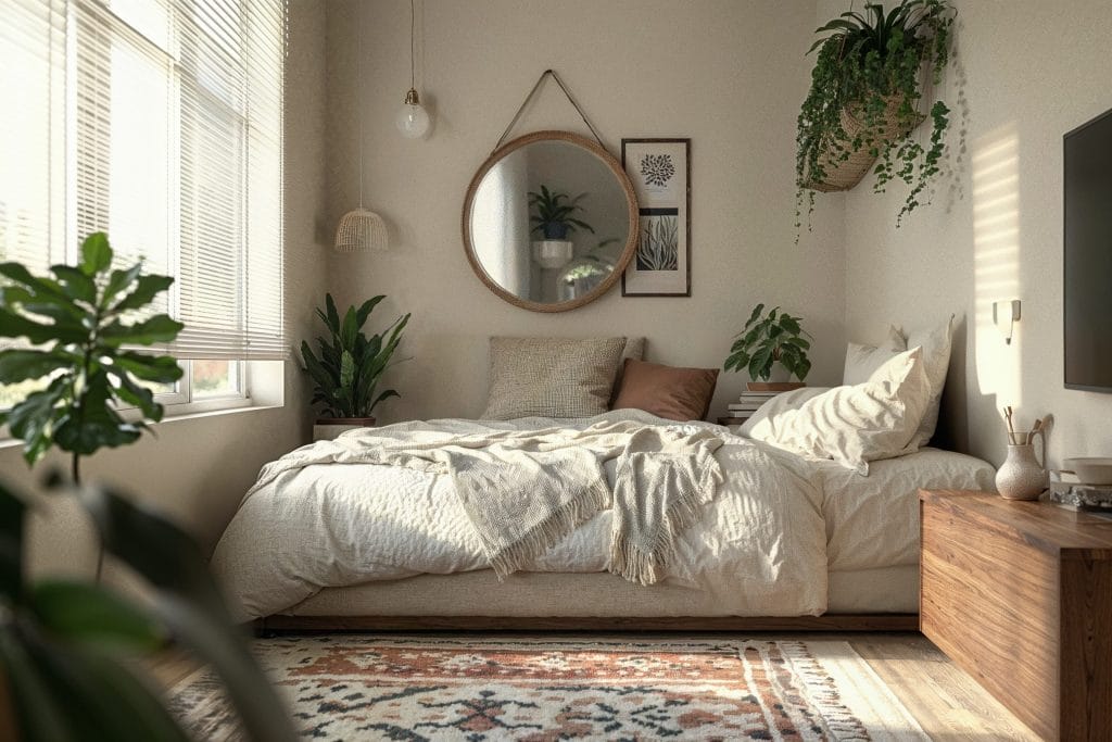 Abundant greenery in a boho bedroom by Decorilla