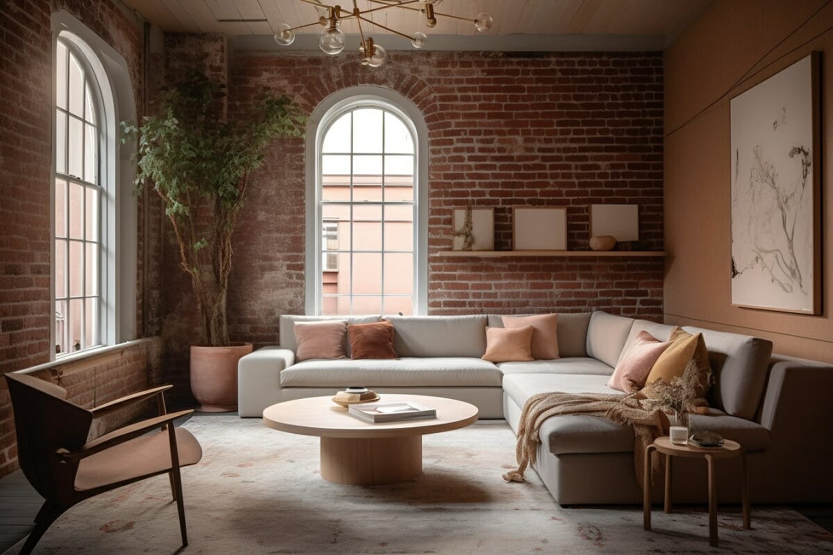 Accent wall ideas with brick and terracotta in a living room