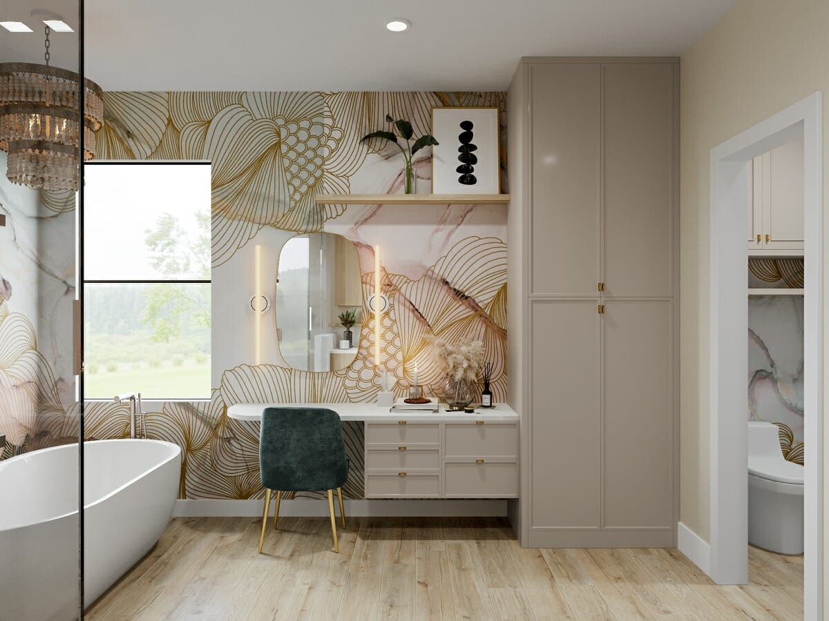 Bathroom with colorful accent wall by Betsy M