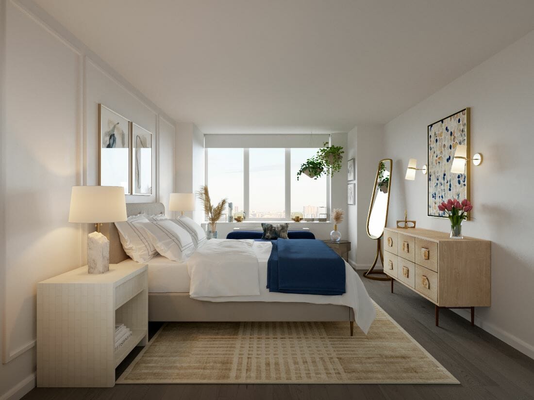 Bedroom with blue accents by Decorilla