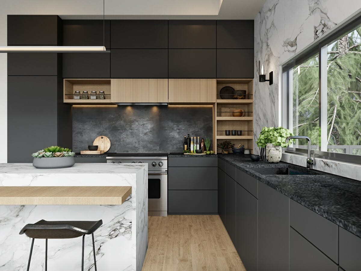 Black and wood accent wall in a kitchen by Shasta P