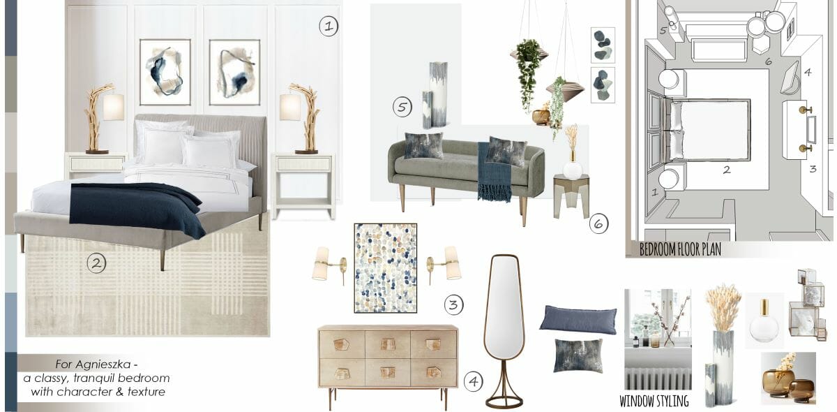 Blue and white bedroom ideas & moodboard by Decorilla