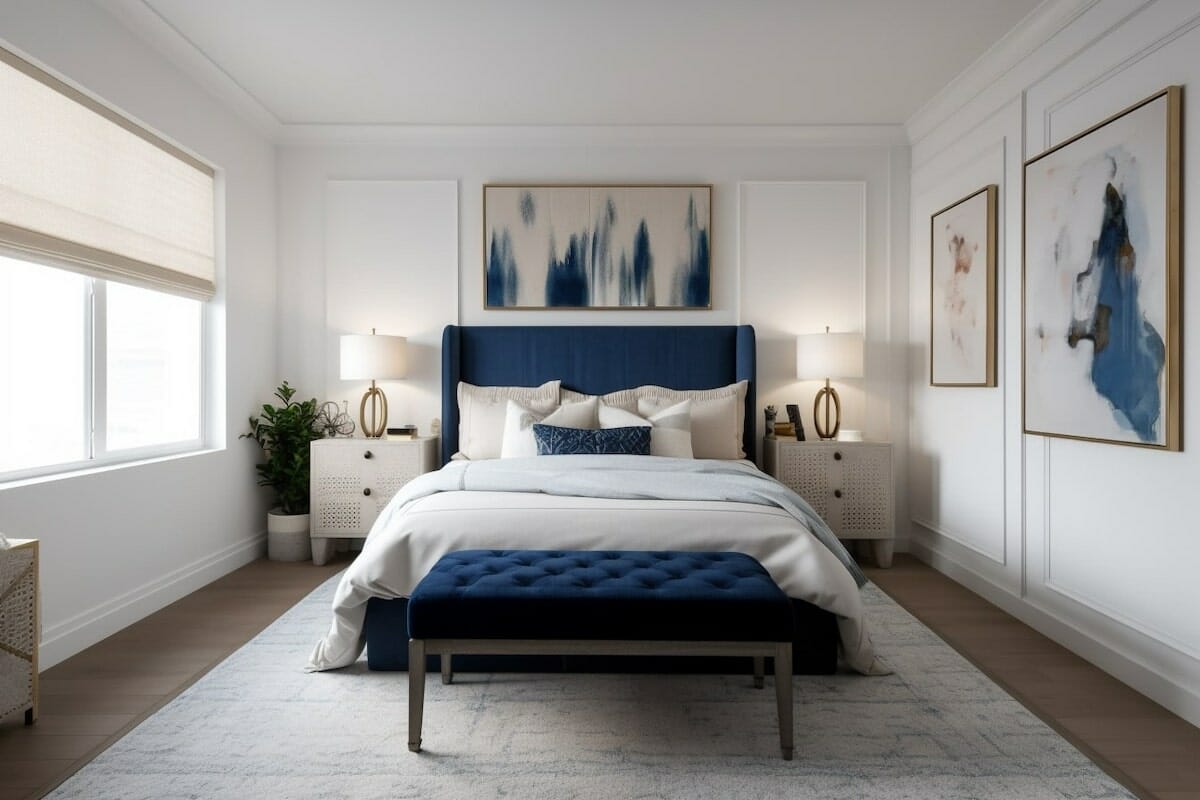Calming contemporary bedroom with blue accents