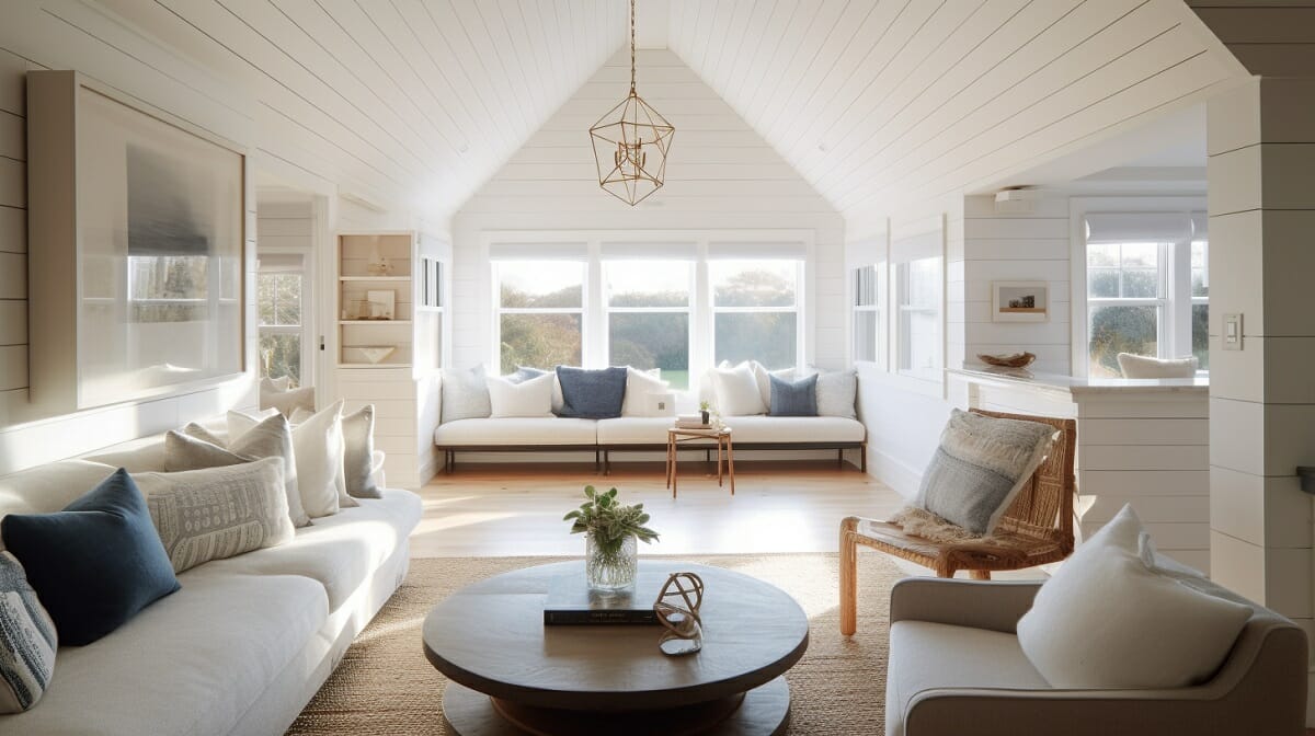 Idées de design d'intérieur Cape Cod avec un coin salon confortable près de la fenêtre